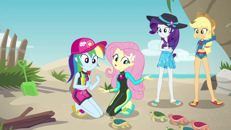 Size: 1280x720 | Tagged: safe, derpibooru import, screencap, applejack, fluttershy, rainbow dash, rarity, turtle, aww... baby turtles, equestria girls, equestria girls series, clothes, feet, flip-flops, heel pop, sandals, swimsuit, wetsuit