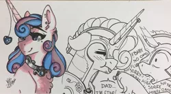 Size: 1280x708 | Tagged: safe, artist:nightmare-moons-throneroom, derpibooru import, princess flurry heart, shining armor, pony, unicorn, bandaid, bruised, chest fluff, dialogue, ear piercing, earring, female, floppy ears, helmet, horn jewelry, injured, jewelry, male, mare, older, older flurry heart, overprotective, overprotective armor, peytral, piercing, simple background, smiling, stallion, tongue out, white background