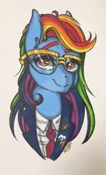 Size: 777x1280 | Tagged: safe, artist:nightmare-moons-throneroom, derpibooru import, rainbow dash, pony, alternate hairstyle, bust, clothes, ear piercing, earring, female, glasses, jewelry, lapel pin, looking at you, mare, necktie, piercing, raised eyebrow, simple background, smiling, solo, uniform, white background, wonderbolts dress uniform