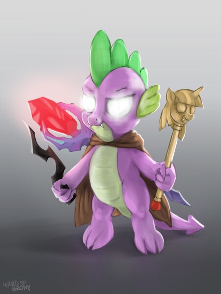 Size: 1200x1600 | Tagged: artist:hardbrony, bloodstone scepter, broken horn, cape, clothes, derpibooru import, dragon, glowing eyes, horn, implied chrysalis, male, safe, scepter, solo, spike, twilight scepter