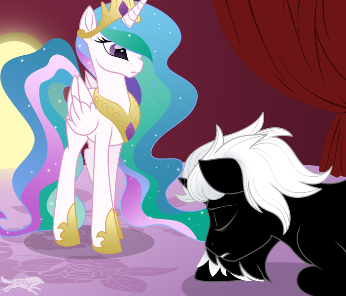 Size: 3171x2711 | Tagged: safe, artist:lostinthetrees, derpibooru import, princess celestia, oc, oc:ben herrin, pony, unicorn, bowing, high res, male, stallion