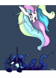 Size: 3703x5125 | Tagged: dead source, safe, artist:greyscaleart, derpibooru import, princess celestia, princess luna, alicorn, pony, constellation, constellation freckles, cute, ethereal mane, female, freckles, galaxy mane, lunabetes, mare, messy mane, royal sisters, signature, sisters