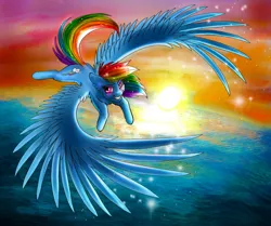 Size: 1280x1068 | Tagged: safe, artist:tillie-tmb, derpibooru import, rainbow dash, pegasus, pony, female, flying, large wings, mare, scenery, sky, solo, sparkles, sun, sunrise, sunset, traditional art, wings