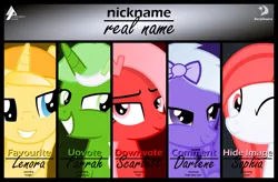 Size: 2699x1768 | Tagged: safe, artist:arifproject, derpibooru import, oc, oc:comment, oc:downvote, oc:favourite, oc:hide image, oc:upvote, ponified, unofficial characters only, pony, derpibooru, bedroom eyes, derpibooru ponified, grin, meta, nickname, one eye closed, real names, simple background, smiling, text, vector, wink