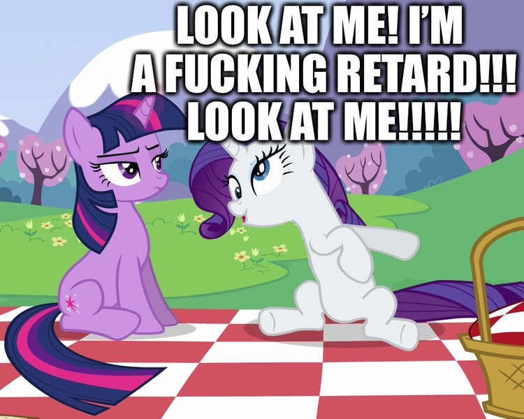 Size: 897x718 | Tagged: safe, derpibooru import, edit, edited screencap, editor:useraccount, screencap, rarity, twilight sparkle, pony, unicorn, a canterlot wedding, basket, caption, cross-eyed, derp, drama, excessive exclamation marks, eyeshadow, faic, female, flower, go to sleep wind rider, grass, image macro, joke, lidded eyes, makeup, mare, meme, mountain, picnic basket, picnic blanket, shitposting, sitting, tree, unamused, unimpressed, vulgar