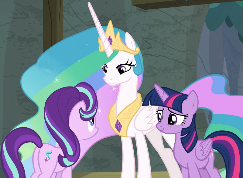 Size: 1254x918 | Tagged: safe, derpibooru import, edit, edited screencap, screencap, princess celestia, starlight glimmer, twilight sparkle, twilight sparkle (alicorn), alicorn, pony, horse play, backstage, cave, cropped, cute, smiling