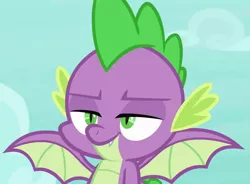 Size: 1463x1079 | Tagged: cropped, cute, cute little fangs, derpibooru import, dragon, fangs, male, molt down, safe, screencap, smiling, smirk, smug, solo, spike, winged spike, wings