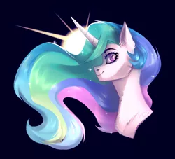 Size: 1788x1623 | Tagged: safe, artist:mp-printer, derpibooru import, princess celestia, alicorn, pony, black background, curved horn, female, looking at you, mare, simple background, smiling, solo