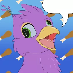 Size: 2000x2000 | Tagged: safe, artist:arcanebolt32, derpibooru import, oc, oc:gyro feather, oc:gyro tech, gryphon, birb, bust, chicken leg, derp, griffonized, image macro, meme, portrait, species swap, speech bubble