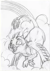 Size: 1771x2515 | Tagged: safe, artist:cutepencilcase, derpibooru import, oc, oc:gyro feather, oc:gyro tech, gryphon, flying, griffonized, monochrome, rainbow, species swap, traditional art