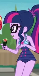 Size: 340x664 | Tagged: safe, derpibooru import, screencap, sci-twi, sunset shimmer, twilight sparkle, equestria girls, equestria girls series, x marks the spot, clothes, cropped, food, solo, solo focus, sushi, swimsuit