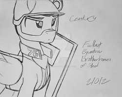 Size: 1024x811 | Tagged: artist:fanliterature101, derpibooru import, fallout equestria, fallout equestria brotherhooves of steel, oc, oc:century, safe, security guard, solo, stable 76, traditional art, unofficial characters only, watermark