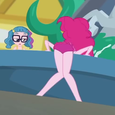 Size: 492x493 | Tagged: safe, derpibooru import, screencap, pinkie pie, technicolor waves, equestria girls, equestria girls series, x marks the spot, ass, balloonbutt, butt, clothes, cropped, female, glasses, legs, swimsuit
