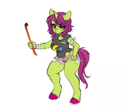 Size: 1440x1210 | Tagged: safe, artist:8-bitwitch, derpibooru import, oc, oc:arcade fever, unofficial characters only, anthro, unicorn, anthro oc, bandage, bandaid, clothes, crowbar, futa, injured, intersex, painted hooves, solo, torn clothes