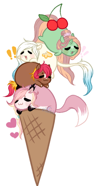 Size: 454x890 | Tagged: safe, artist:aledera, derpibooru import, oc, oc:emi, oc:evening star, oc:lotus dream, oc:sugar bomb, unofficial characters only, pony, base used, chubbie, female, food, ice cream, mare, simple background, transparent background