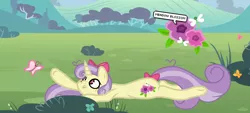 Size: 2232x1011 | Tagged: safe, artist:chococakebabe, derpibooru import, oc, oc:meadow blossom, butterfly, pony, unicorn, bow, female, flower, hair bow, mare, prone, solo, tail bow