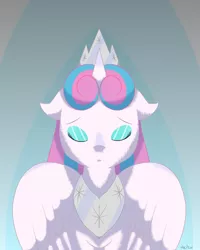 Size: 1024x1280 | Tagged: abstract background, alicorn, artist:achuni, crown, derpibooru import, eyes closed, female, filly, incline, jewelry, necklace, princess flurry heart, regalia, safe, solo, wings