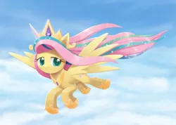 Size: 1407x1000 | Tagged: safe, artist:howxu, derpibooru import, fluttershy, pegasus, pony, horse play, cloud, cosplay, costume, crown, cute, fake alicorn, fake horn, female, flying, hoof shoes, jewelry, mare, peytral, regalia, shyabetes, shylestia, sky, smiling