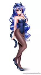 Size: 723x1298 | Tagged: suggestive, artist:racoonsan, derpibooru import, princess luna, human, equestria girls, adorasexy, bare shoulders, breasts, bunny ears, bunny suit, busty princess luna, cat ears, cleavage, clothes, cute, female, high heels, humanized, leotard, lunabetes, nail polish, pantyhose, princess mewna, sexy, shoes, simple background, sleeveless, smiling, solo, solo female, strapless, vice principal luna, white background