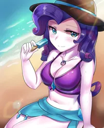 Size: 800x985 | Tagged: safe, artist:tzc, derpibooru import, part of a set, rarity, human, equestria girls, equestria girls series, adorasexy, beautiful, belly button, breasts, busty rarity, cleavage, clothes, cute, female, food, geode of shielding, hat, looking at you, popsicle, raribetes, sexy, solo, sun hat, swimsuit