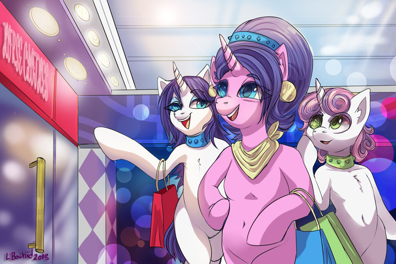 Size: 800x533 | Tagged: safe, artist:trojan-pony, derpibooru import, cookie crumbles, rarity, sweetie belle, semi-anthro, unicorn, bipedal, collar, commission, family, female, food, mare, mother and daughter, purse, sapphire eye rarity, shopping, sisters, smiling