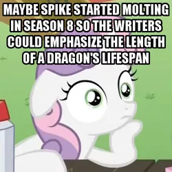 Size: 500x500 | Tagged: safe, derpibooru import, edit, edited screencap, screencap, sweetie belle, unicorn, molt down, ponyville confidential, cropped, exploitable meme, female, filly, image macro, implied spike, meme, obligatory pony, solo, sudden clarity sweetie belle
