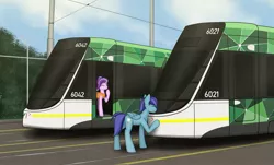 Size: 2048x1233 | Tagged: safe, artist:subway777, derpibooru import, starlight glimmer, oc, oc:sierra nightingale, pegasus, pony, unicorn, commission, duo, female, glimmgale, male, melbourne, melbourne e-class tram, train, tram