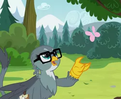 Size: 1200x978 | Tagged: artist:jhaller, butterfly, derpibooru import, edit, edited screencap, exploitable, gabby, glasses, is this a pigeon, meme, safe, screencap