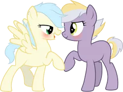 Size: 3708x2774 | Tagged: safe, artist:mikoneerd, derpibooru import, oc, oc:apple stone, oc:risky luck, unofficial characters only, earth pony, pegasus, pony, blushing, female, high res, lesbian, magical lesbian spawn, mare, oc x oc, offspring, offspring shipping, parent:applejack, parent:fluttershy, parent:limestone pie, parent:soarin', parents:limejack, parents:soarinshy, shipping, simple background, transparent background