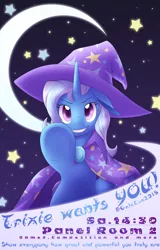 Size: 2674x4180 | Tagged: safe, artist:skyheavens, artist:starfox, derpibooru import, trixie, pony, unicorn, 2018, cape, clothes, convention, female, galacon, galacon 2018, germany, grin, hat, looking at you, mare, panel, pointing, poster, smiling, trixie wants you!, trixie's cape, trixie's hat, tsp bait, uncle sam, underhoof