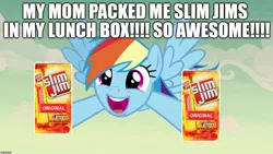 Size: 1280x720 | Tagged: derpibooru import, edit, edited screencap, editor:useraccount, excessive exclamation marks, image macro, implied windy whistles, meme, ponies eating meat, product placement, rainbow dash, safe, screencap, shitposting, slim jim