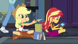 Size: 1280x720 | Tagged: safe, derpibooru import, screencap, applejack, sunset shimmer, equestria girls, equestria girls series, the finals countdown, book, clothes, cute, faic, game, shoes, sneakers, video game