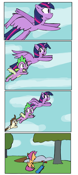 Size: 2794x6261 | Tagged: safe, artist:helsaabi, derpibooru import, pound cake, scootaloo, spike, twilight sparkle, twilight sparkle (alicorn), alicorn, dragon, pegasus, pony, molt down, colt, comic, female, filly, flying, male, mare, no dialogue, rock, scootaloo can't fly, scooter, sky, tree, winged spike, wings