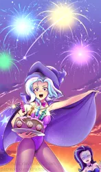 Size: 706x1200 | Tagged: armpits, artist:draltruist, breasts, cake, cape, cleavage, clothes, derpibooru import, fireworks, food, hat, human, humanized, leotard, looking at you, open mouth, smiling, starlight glimmer, suggestive, sunset, this will end in death, this will end in explosions, trixie, trixie's cape, trixie's hat