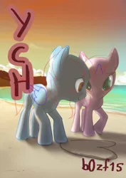 Size: 2152x3044 | Tagged: advertisement, artist:20zf, auction, beach, commission, couple, cute, derpibooru import, heart, love, safe, sand, sunset, your character here