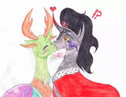 Size: 1024x789 | Tagged: safe, artist:ellielli2, derpibooru import, king sombra, thorax, changedling, changeling, pony, unicorn, blushing, cloak, clothes, crack shipping, exclamation point, eyes closed, gay, heart, interrobang, king sombra gets all the stallions, king thorax, kissing, making out, male, question mark, shipping, sombra eyes, stallion, thombra, traditional art