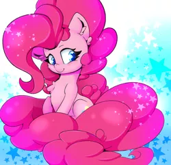 Size: 2700x2600 | Tagged: safe, artist:madacon, derpibooru import, pinkie pie, earth pony, pony, cheek fluff, chest fluff, colored pupils, cute, diapinkes, ear fluff, female, fluffy, looking at you, mare, sitting, solo, stars