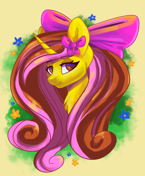 Size: 2470x3000 | Tagged: safe, artist:skylacuna, derpibooru import, oc, oc:meadow belle, pony, unicorn, bow, bust, female, hair bow, high res, mare, portrait, solo