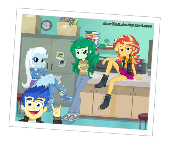 Size: 1363x1161 | Tagged: safe, artist:charliexe, derpibooru import, flash sentry, sunset shimmer, trixie, wallflower blush, equestria girls, equestria girls series, forgotten friendship, angry, annoyed, boots, clothes, crossed legs, female, frown, high heel boots, hoodie, leather, leather vest, legs, looking at you, pants, photo, photobomb, schrödinger's pantsu, shoes, skirt, skirt lift, smiling, socks, sunset shimmer is not amused, sweater, thighs, unamused, upskirt denied, wallflower is not amused