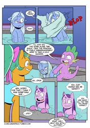 Size: 2894x4093 | Tagged: safe, artist:raph13th, derpibooru import, snails, spike, starlight glimmer, trixie, dragon, pony, unicorn, ask glitter shell, comic:glim glam and pals, angry, bow, comic, female, glitter shell, hair bow, male, mare, swimming pool, we don't normally wear clothes, wet mane