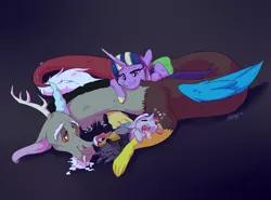 Size: 1967x1455 | Tagged: safe, artist:qatsby, derpibooru import, discord, twilight sparkle, twilight sparkle (alicorn), oc, oc:ophelia, oc:persephone, alicorn, hybrid, cuddle puddle, cuddling, discolight, drool, family, female, interspecies offspring, male, offspring, parent:discord, parent:twilight sparkle, parents:discolight, pony pile, shipping, straight, tongue out, zzz