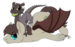 Size: 2200x1400 | Tagged: safe, artist:artsyheartsy, artist:darkodraco, derpibooru import, oc, oc:hartenas, unofficial characters only, bat pony, dragon, duo, food, pear, simple background, transparent background