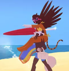 Size: 1120x1150 | Tagged: safe, artist:carnifex, derpibooru import, oc, oc:glory seeker, oc:tabitha, unofficial characters only, anthro, gryphon, beach, bikini, clothes, swimsuit