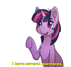 Size: 3000x2815 | Tagged: safe, artist:senaelik, derpibooru import, twilight sparkle, pony, unicorn, chest fluff, cute, description is relevant, dialogue, drawthread, ear fluff, female, i have several questions, jontron, mare, meme, ponified meme, raised hoof, request, simple background, solo, transparent background, unicorn twilight