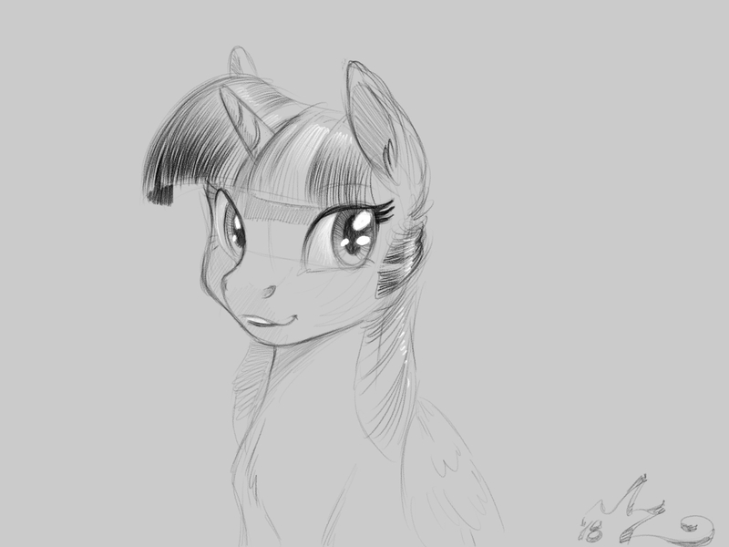 Size: 1200x900 | Tagged: safe, artist:amarynceus, deleted from derpibooru, derpibooru import, twilight sparkle, twilight sparkle (alicorn), alicorn, pony, cute, female, gray background, grayscale, looking at you, mare, monochrome, simple background, sketch, smiling, solo, twiabetes