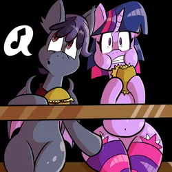 Size: 576x576 | Tagged: safe, artist:pembroke, derpibooru import, twilight sparkle, oc, oc:gladiolus, pony, burger, butt boop, butt touch, clothes, cutie mark, female, food, hoof on butt, mare, molestation, personal space invasion, sitting, socks, striped socks, surprised, thighlight sparkle, thunder thighs, wide eyes