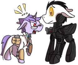 Size: 630x530 | Tagged: safe, artist:okbutwhyeventho, derpibooru import, oc, oc:pipe dream, oc:technical circuits, pegasus, pony, unicorn, fallout equestria, fallout equestria: dissonance, armor, clothes, combat armor, enclave armor, glowing eyes, jewelry, lab coat, necklace, pair, power armor, vault suit, yelling