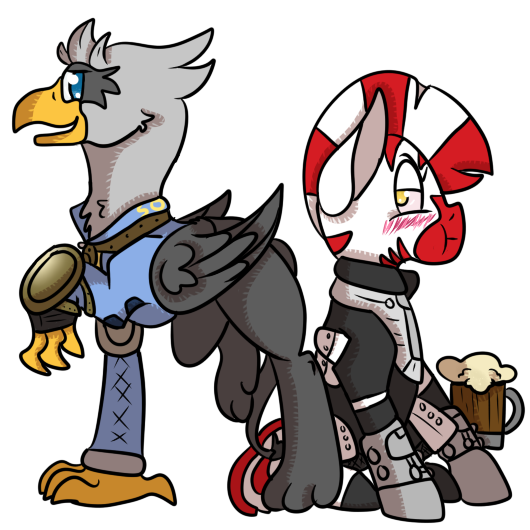 Size: 530x530 | Tagged: safe, artist:okbutwhyeventho, derpibooru import, oc, oc:jade beak, oc:octavian, gryphon, zebra, fallout equestria, fallout equestria: dissonance, armor, clothes, drunk, friendship, power hoof, red stripes, rpg, simple background, stealth suit, transparent background, vault suit, zebra oc