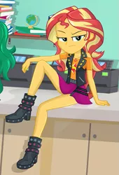 Size: 437x641 | Tagged: safe, alternate version, artist:charliexe, derpibooru import, edit, sunset shimmer, equestria girls, equestria girls series, forgotten friendship, annoyed, boots, clothes, dutch angle, high heel boots, leather, leather vest, legs, looking at you, schrödinger's pantsu, shoes, skirt, skirt lift, solo, sunset shimmer is not amused, unamused