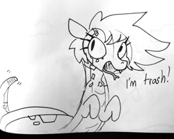 Size: 1747x1392 | Tagged: safe, artist:tjpones, derpibooru import, oc, unofficial characters only, lamia, original species, rattlesnake, snake, snake pony, adorable trash, black and white, cute, dialogue, forked tongue, grayscale, lineart, monochrome, rattle, solo, tongue out, traditional art